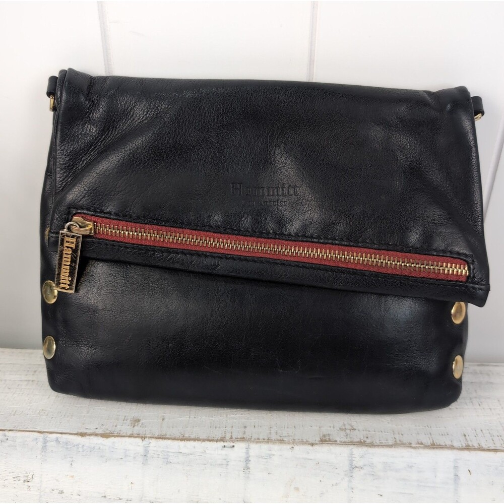 Hammitt Los Angeles Black Pebbled Leather VIP Satchel Red Zipper No Strap - Wear